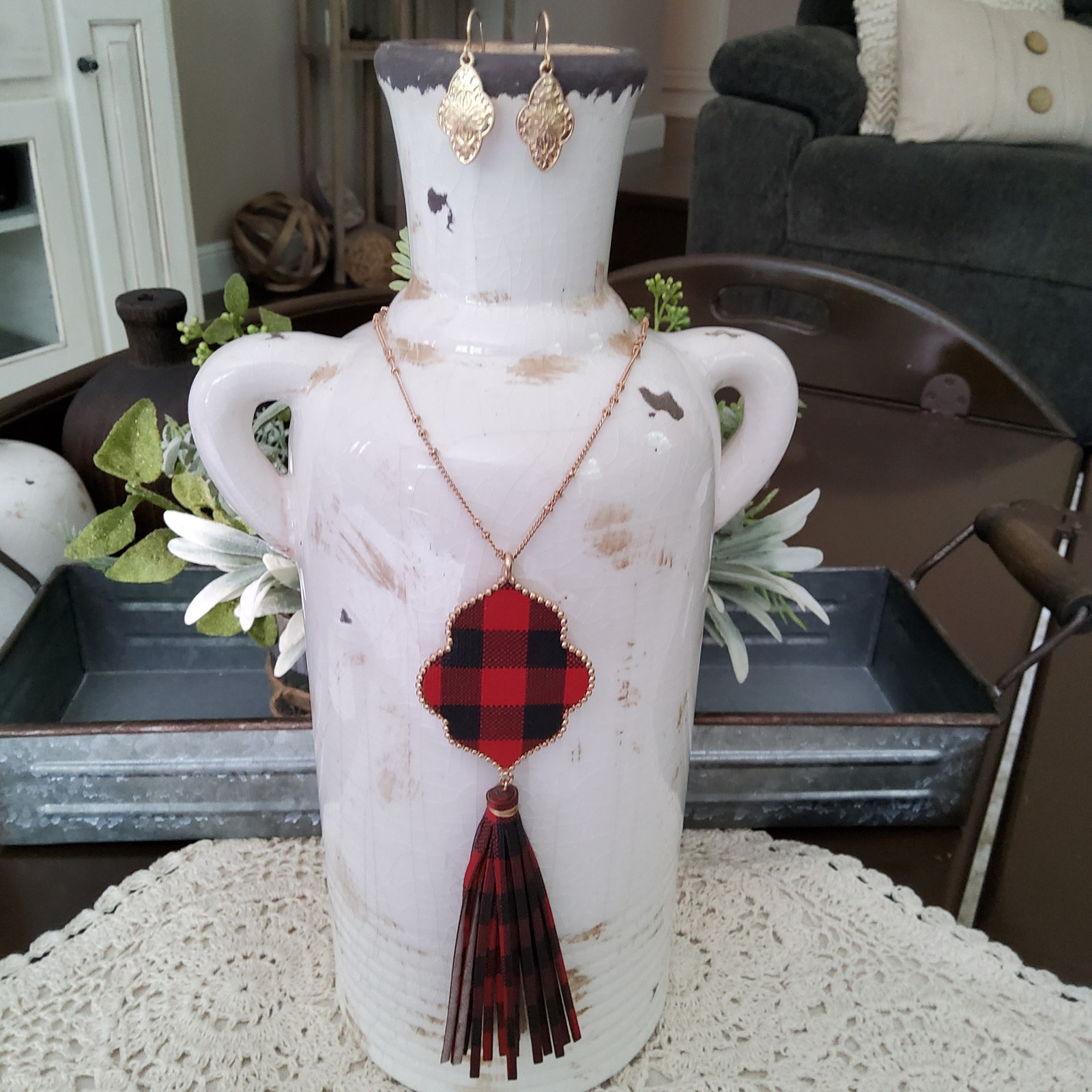 Womens Fashion Buffalo Plaid Checked Tassel Necklace Earrings Set Gold Tone 20$